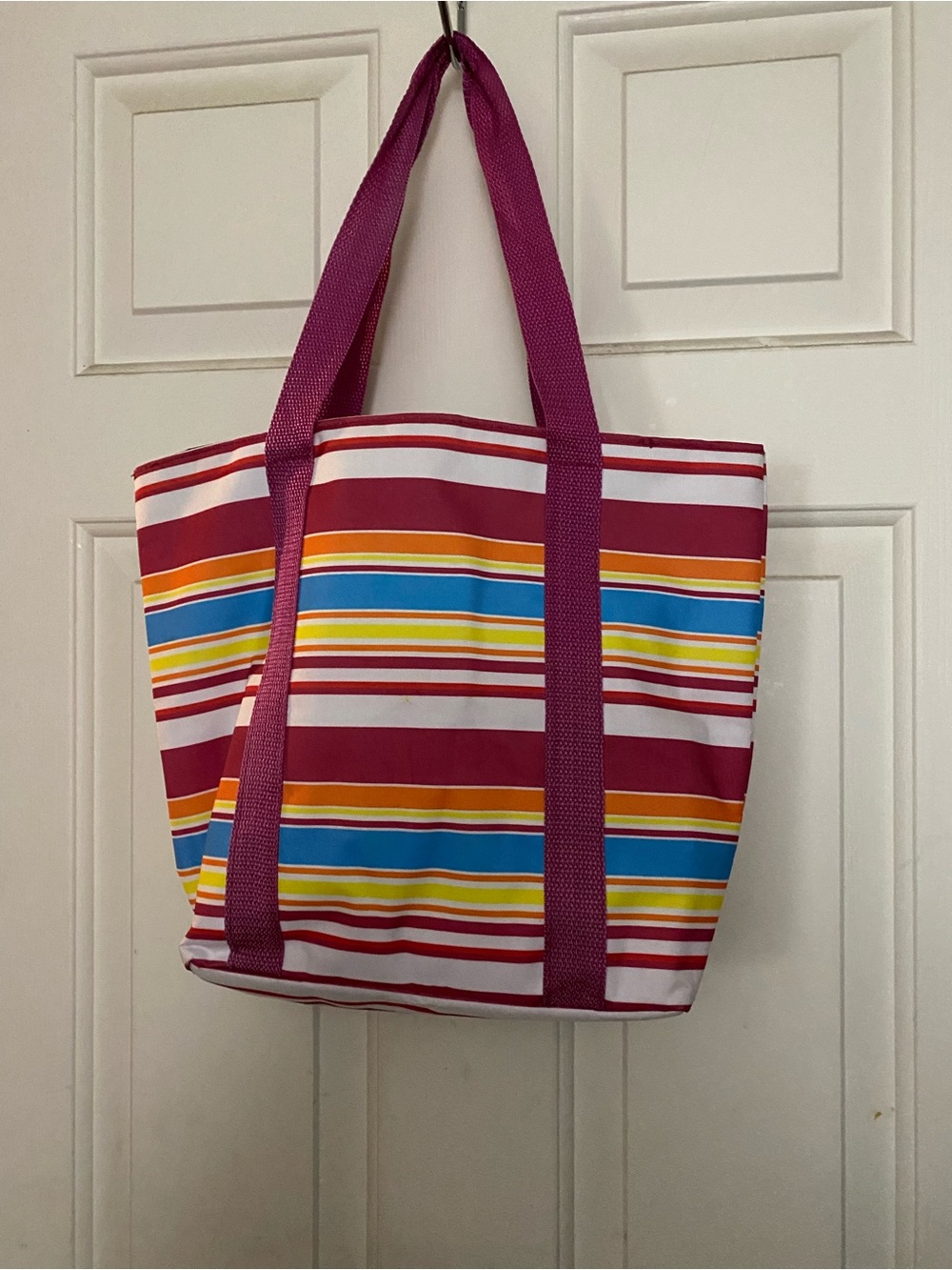 Striped Zippered Cooler Tote Bag in Magenta and Multi-Color